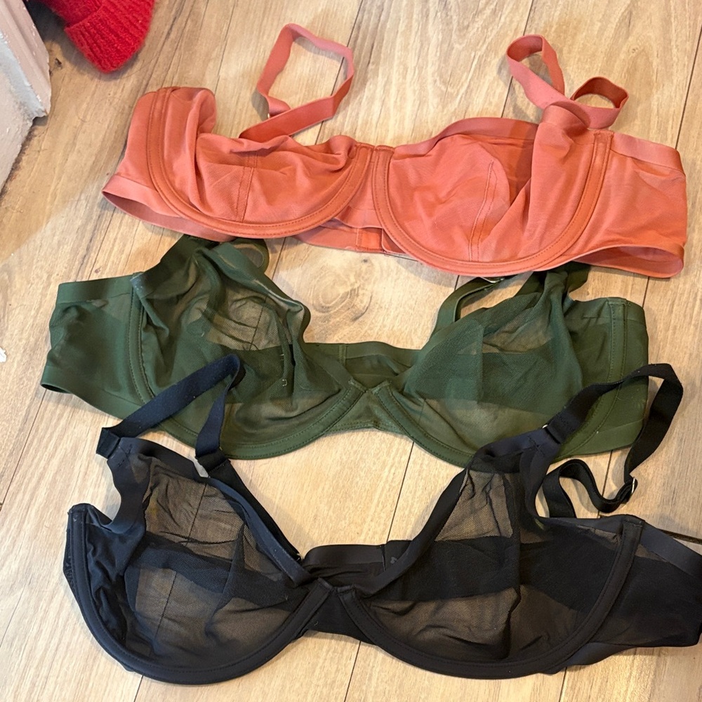 CUUP Bra Trio in Black, Green, and Orange balconette and plunge